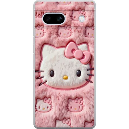 Yhteensopiva Puhelinkuori Google Pixel 7a Hello Kitty vaaleanpunainen pörröinen tausta, jossa on ikoninen kasvot ja kawaii-esteettisyys