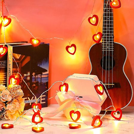 20 LED-hjertelys i tre, valentinsdag, hengende hjertelys i tre, batteridrevet lyslenke (rød)