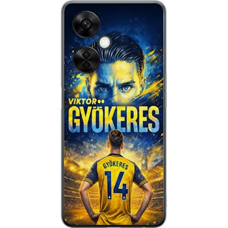 Kompatibelt Mobildeksel til OnePlus OnePlus Nord CE3 Viktor Gyökeres fotballplakat i gult og blått med dramatisk stadionbakgrunn, sportillustrasjon