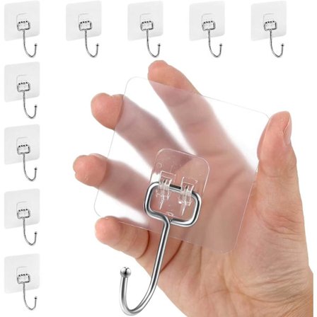 10 stk selvklebende kroker, kraftige 44 lb/ 20 kg (maks) sterke klebekroker, flyttbare veggkroker i stor størrelse, gjennomsiktige klebekroker for 