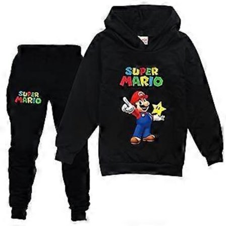 Super Mario Klädset för Barn Pullover Hoodie Tröja med Huva Sweatpants Joggingbyxor Träningsdräkt för Pojkar Flickor -NMAOV(9-10 År Svart)