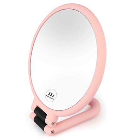 Handhållen spegel med 15x förstoring, dubbelsidig spegel med 1x och 15x förstoring och justerbart fällbart handtag, handhållen stativresespegel