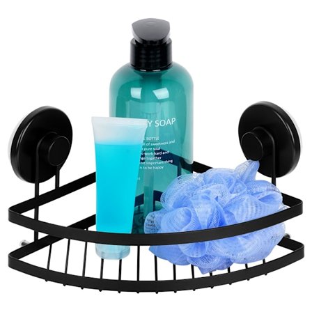 Musta metallinen suihkuhylly imukupeilla, kulma 24x18x12,5 cm