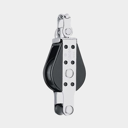 Harken 38mm Big Bullet Block med svirvel och hundsvot, lågfriktionsblock i rostfritt stål och plast, svart färg.