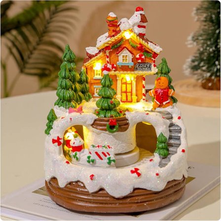 Musikalske Julelandsbyhuse - Julekollektion Bygninger med LED-lys, 8 Musikstykker & Roterende Tog, Julevinterlandsby Harpiksdekoration, Juletræ