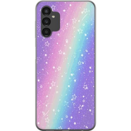Kompatibel Mobilcover til Samsung Galaxy A04s Rainbow-farvet pastelbaggrund med hvide stjerner og glitrende prikker i blød overgang