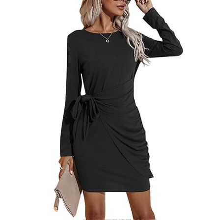 Klänning Höst Rund Hals Långärmad Slim Sexig Midja Snörning Design Casual Mellanlång Höftklänning för Vardagslivet