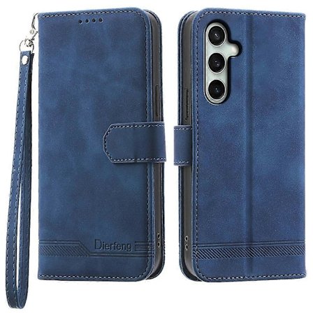 DIERFENG DF-03 Etui til Samsung Galaxy S25 FE med linjeaftryk, pung, læder telefoncover med håndledsrem, blå