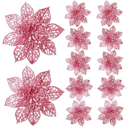 Rosa fargepakke med 8 kunstige glitter julestjerner