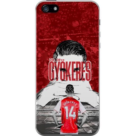 Yhteensopiva Puhelinkuori Apple iPhone 5 Punainen dramaattinen kollaasikuva, jossa esiintyy Viktor Gyökeresin muotokuva ja pelaajia takaapäin areenall