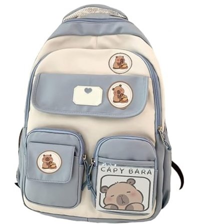 Capybara Ryggsekk Til Skole, Søt Preppy Estetisk Ryggsekk Med Kawaii Pins Og Tilbehør For Jenter Blå