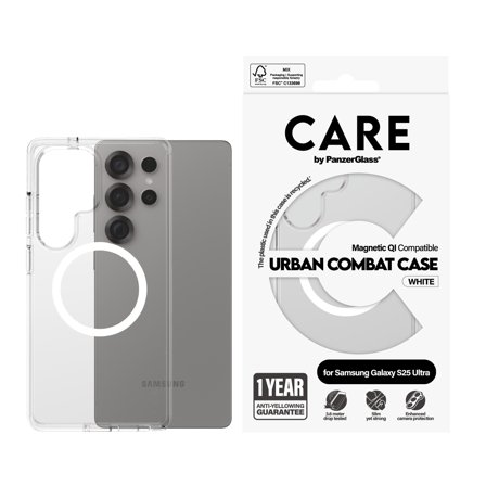 PanzerGlass CARE Galaxy S25 Ultra Urban Combat Qi deksel (hvit) Slank design, glatt grep, Qi-kompatibel, laget av resirkulert materiale