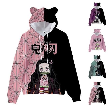 Unisex Demon Slayer -painatuskuvioinen huppari Casual Pullover Kissan korvat Huppari Toppar Musta S