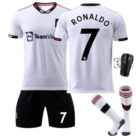 22-23 Red Devils vierasvalkoinen pelipaita nro 7 Ronaldo jalkapalloasu 25 Sancho 10 Rashford lasten puku sukkineen No. 7 + Socks Protector XXXL