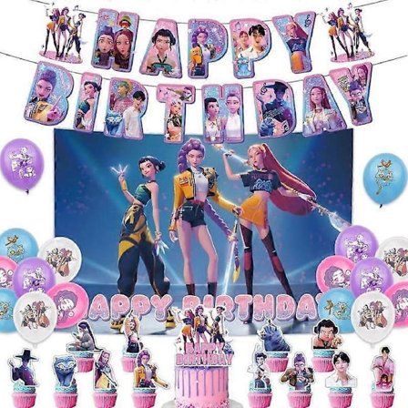 Kpop Demon Hunters -juhlatarvikkeet, 31 kpl, syntymäpäiväkoristesetti keskipisteillä, kakun koristeella, ilmapallobannerilla, ihanteellinen faneille 