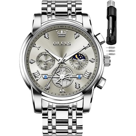 Skeletur til mænd, rustfrit stål, analog kvarts månefase herreur, diamant multi-kalender kronografur, vandtæt armbåndsur til mænd
