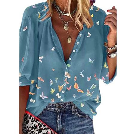 Dam T-shirt Casual Lösa Skjortor Topp Långärmad Butterfly Blo