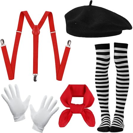 Mimi-asu naisille ja miehille, pantomiimiasu, karnevaalimimi-taideasu, musta baretti, punainen huivi, mustavalkoraidalliset sukat, käsineet, henkselit