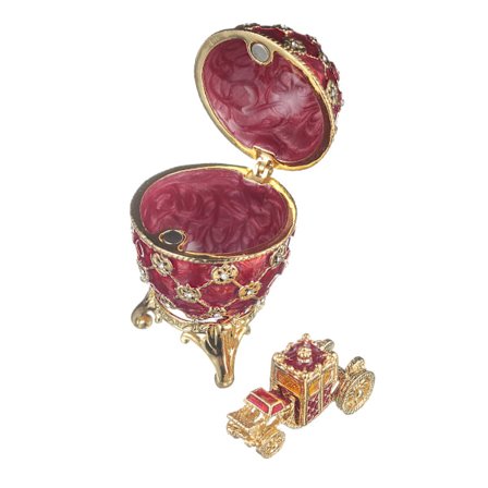 Faberge stil Kejserligt kronings æg Smykkeskrin med vogn 6,5 cm rød