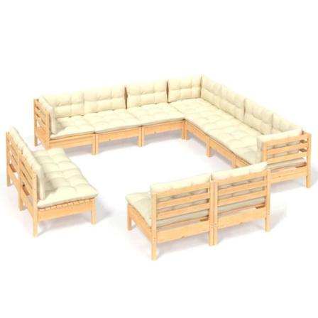 Vidaxl Loungegrupp Med Gräddvita Dynor 11 Delar Massiv Furu Creme