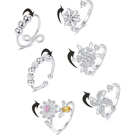 6 st Ringar CZ Pärlor Stjärna Solros Snöflinga Fidget Relief Spinner Justerbara Öppna Ringar Set för Kvinnor Män Stapelbara Ringar Bröllop Arbete
