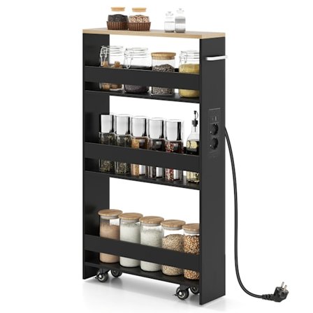 Smal förvaringsvagn med laddningsstation, 4 nivåer, svart