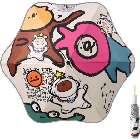 Automaattisesti avautuva/sulkeutuva pyöristetty kulma taitettava sateenvarjo – UV-suoja, kompakti kevyt, söpö sarjakuvakuvio, kestävä reppusateenvarjo