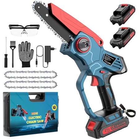 RisingFF Mini-akkusaha 6 tuuman, kannettava moottorisaha puun leikkaamiseen, 2 akkua, 2 ketjua