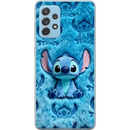 Kompatibelt Mobildeksel til Samsung Galaxy A52 5G Stitch sitter på fluffy blått mønster med sitt ansikt og ører gjentatt som tekstur, noe som skap