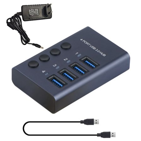 Aluminium USB C Hub Splitter, 4-ports USB-udvider med tænd/sluk-knap og strømadapter 5 Gbps til USB-printerkortlæser