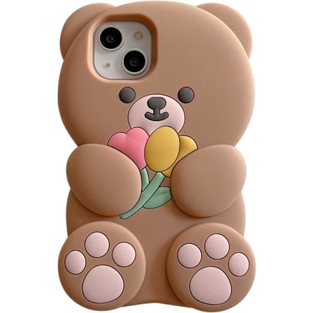 Puhelinkuori iPhone 14 Pro Maxille, Söpö Sarjakuva Karhu Puhelinkuori Kukalla Nalle Karhu Ruskea Puhelinkuori 3D iPhone 14 Pro Max Kuori Pehmeä 