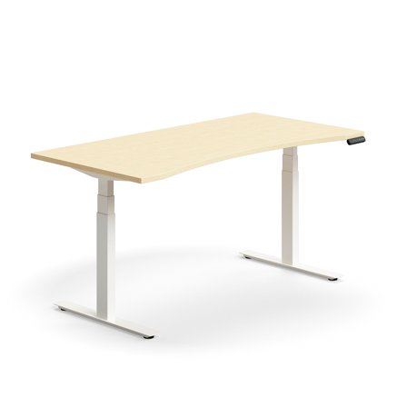Schreibtisch QBUS höhenverstellbar, geschwungen, 1600x800 mm, Gestell weiß, Birke