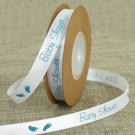 Babyflicka fötter tryck baby shower satinband rosa 3/8 tum 10 yards för hårbågar krans födelsedag baby shower(Blå)