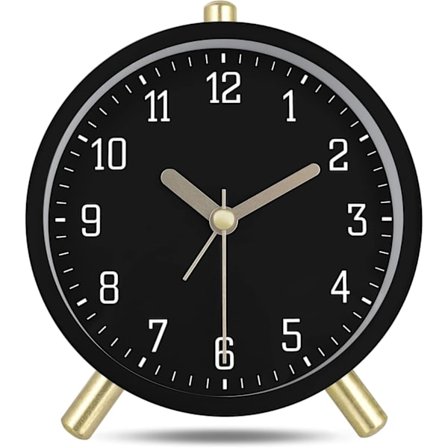 Klassisk stille analog vekkerklokke, svart metall, moderne vekkerklokke/NC/