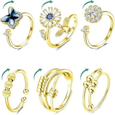 6 stk. Kvinder Guld Fidget Ring til Angst Justerbar CZ Blomst Sommerfugl Spinner Ringe Fidget Angstsmykker Figet Spinnerringe