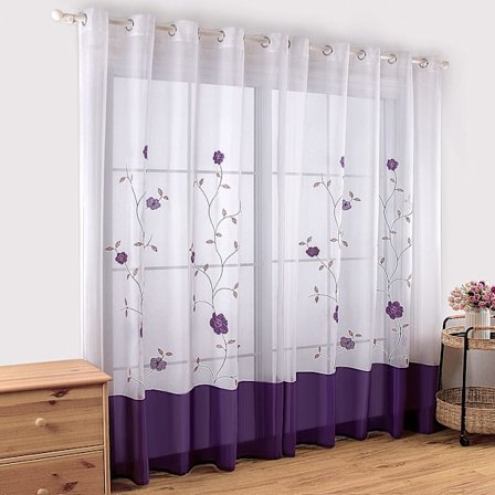 Sæt med 2 Øjelet Gardiner Blomsterbroderi Tynde Gardiner til Soveværelse Køkken Stue, 140cmx175cm, Lilla