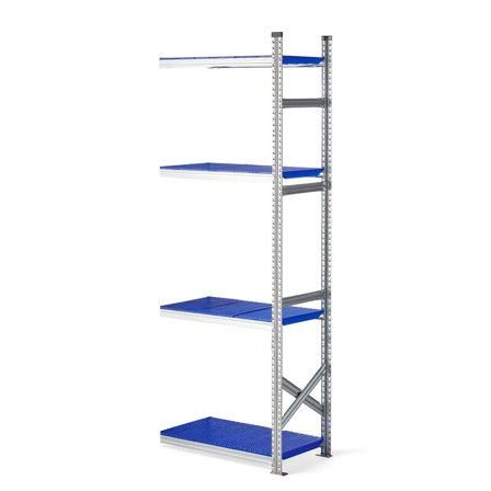 Reol påbyggseksjon med blå plasthyller, 2500x900x500 mm