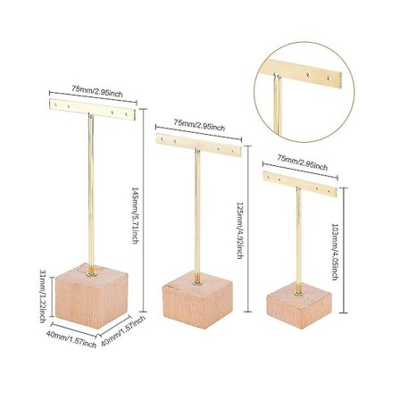 3 st Guld Metall T Bar Örhänge Displayställ Med Trä Fyrkantig Bas 4 Hål Smyckeshållare Hängande