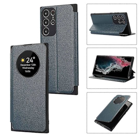 Fodral för Samsung Galaxy S24, Smart Sleep/Wake Up Funktion Visningsfönster Premium Läder Flipfodral med Kortplats, Ställ Trådlös Laddning-Perfekt
