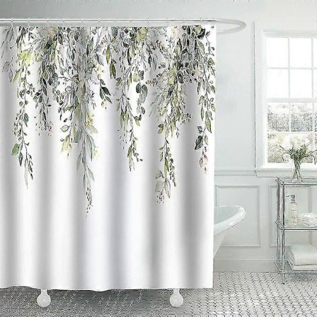 Duschdraperi 180cm * 180cm Eukalyptus Gröna Växter Duschdraperi, Vår Duschdraperier För Badrum, Vit Akvarell Botaniska Löv Duschdraperi