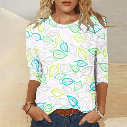 Kvinnor Lämnar Printed Toppar Rund Hals T-shirt
