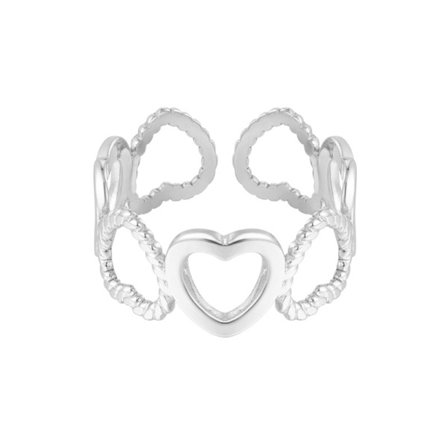 Ring i Rostfritt Stål med en rad Hjärtan - Silver - Justerbar