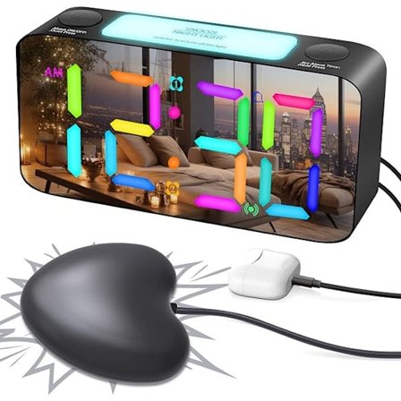 Superhøjt vækkeur til tunge sovende voksne, digitalt ur med 7-farvet natlys, justerbar lydstyrke, lysdæmper, USB-oplader, små ure til soveværelse