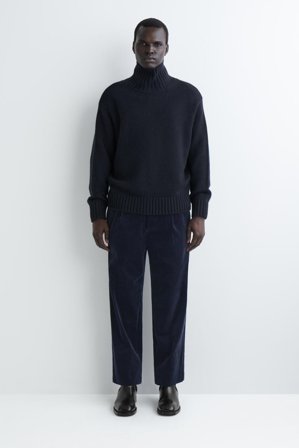 COS Men's Pleated Corduroy Relaxed-Fit Straight-Leg Trousers in Navy