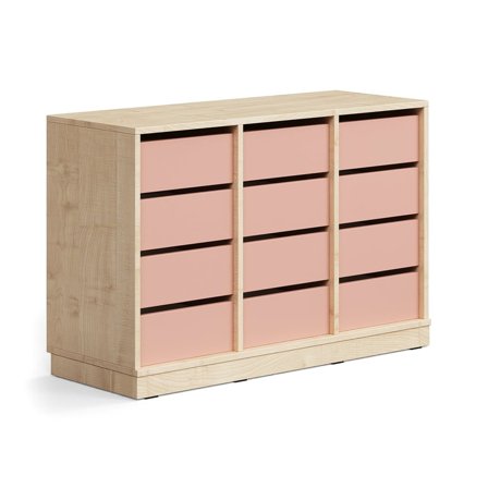 Regał szkolny CASPER, 12 szuflad, podstawa, brzoza/ciemnoróżowy