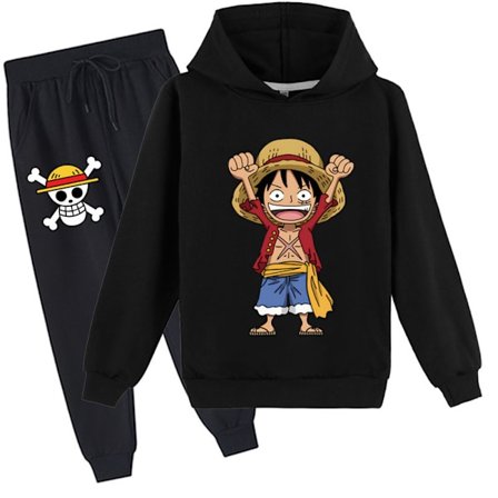 ONE PIECE Monkey D. Luffy Harjoitushaalari Lapsille Huppari Jogginghousut Sweatsuit 2-osainen/Set Musta