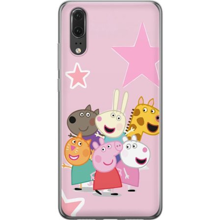 Kompatibelt Mobildeksel til Huawei P20 Peppa Gris og venner samlet med stjerner på rosa bakgrunn, fargerik barneillustrasjon
