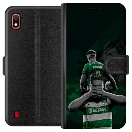 Yhteensopiva Lompakkokotelo Samsung Galaxy A10 Neonmotiivi, jossa teksti "Gaming is in my DNA" sinisenä ja punaisena tiiliseinällä, jossa loistava DNA