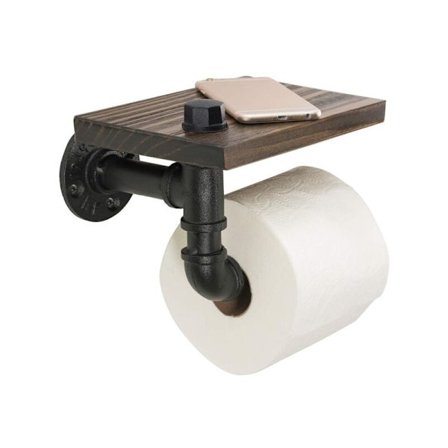 Industriel toiletpapirholder med antik træramme og støbejernsbeslag til badeværelsestoilet, sort, 1 stk.