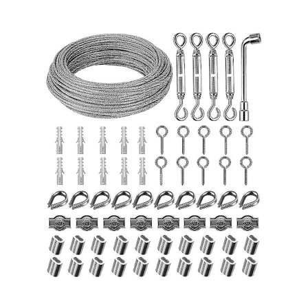 30m 3mm ståltrådsæt, 304 rustfrit stål spændetråd, ståltråd dækket med øje spænding(Sølv)